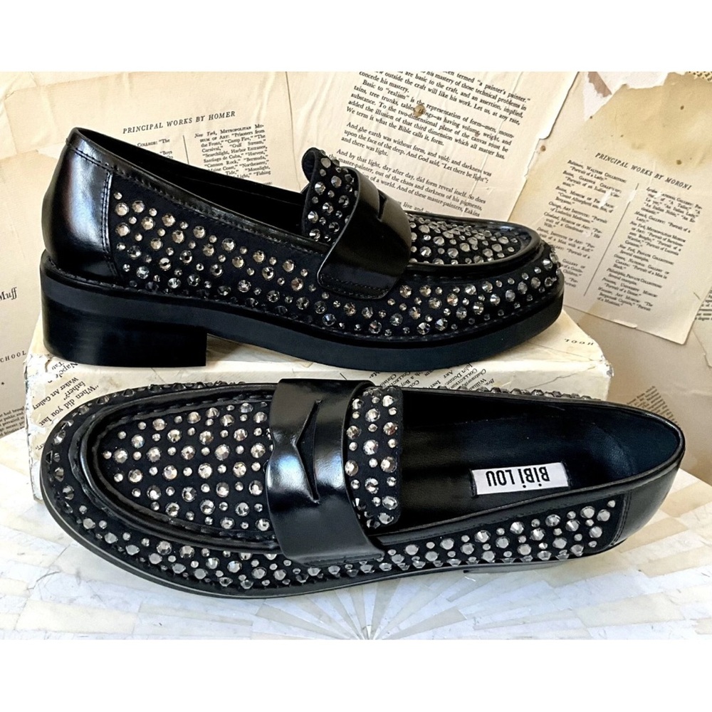 Anthropologie Bibi Lou Jaya Gem  Loafers Black Leather Jewels - Picture 9 of 12